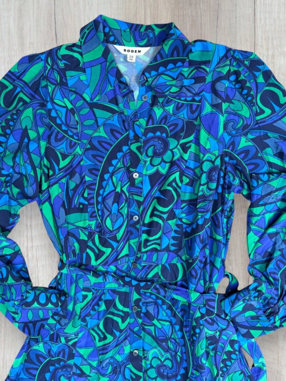 Boden Martha Godet Midi Dress Blue Green Paisley Belted Shirt Dress Womens 10 - Picture 2 of 7